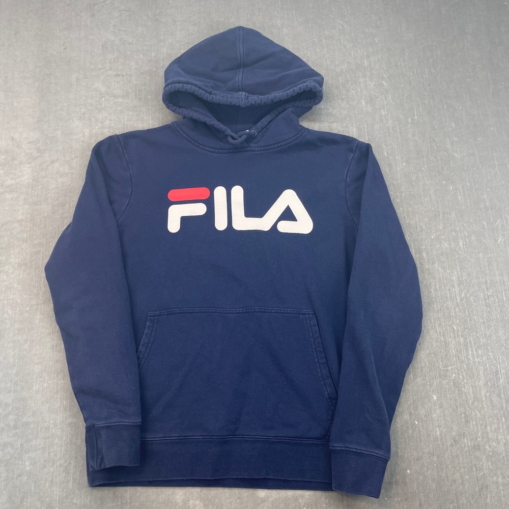 Fila Mens Medium Navy Blue Hoodie Pullover Logo Graphic Sportswear 3321